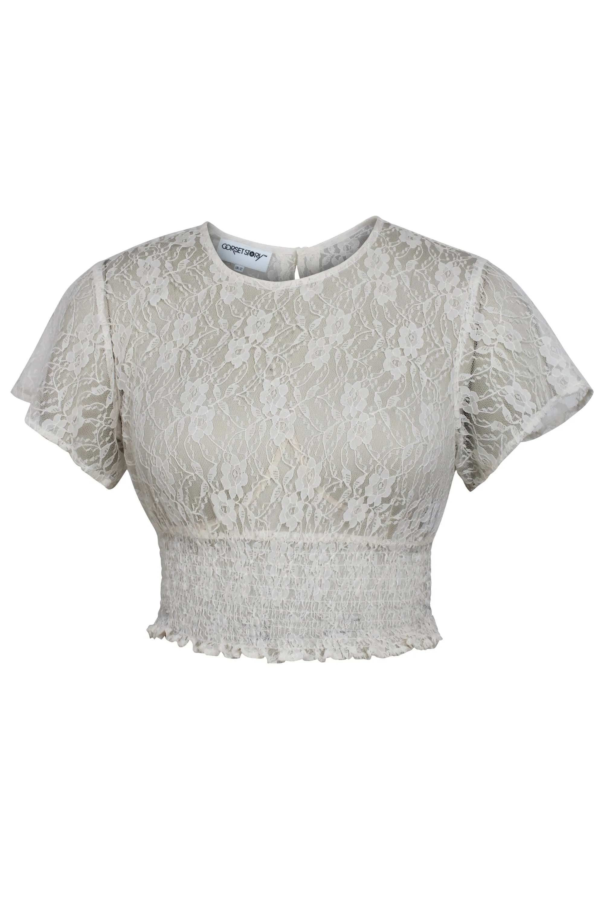 Helena Whisper White Lace Cropped Top with Crew Neckline sold by Corset Story