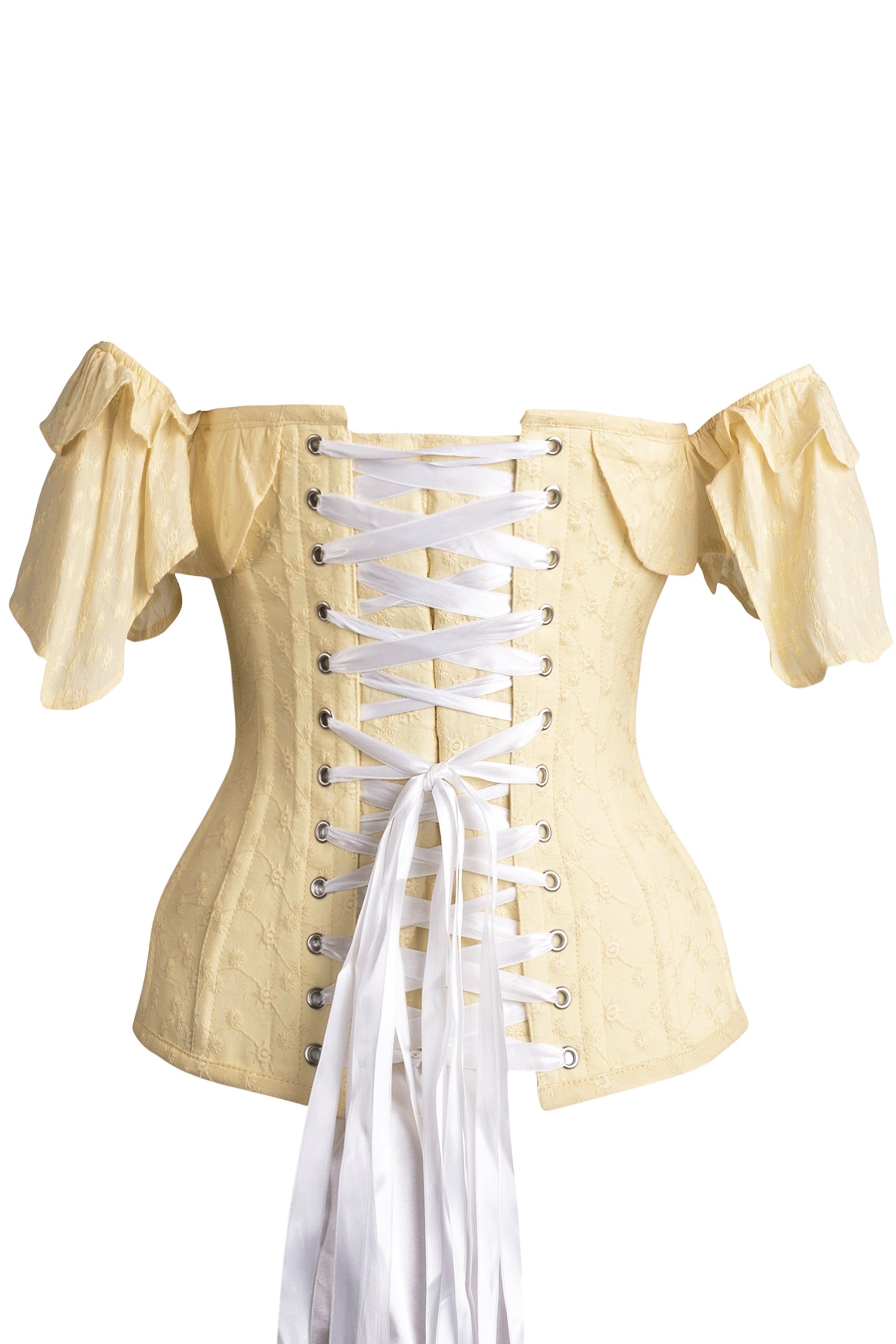 Yellow embroidery anglaise cotton corset top with frilled sleeve sold by Corset Story product image thumbnail 4