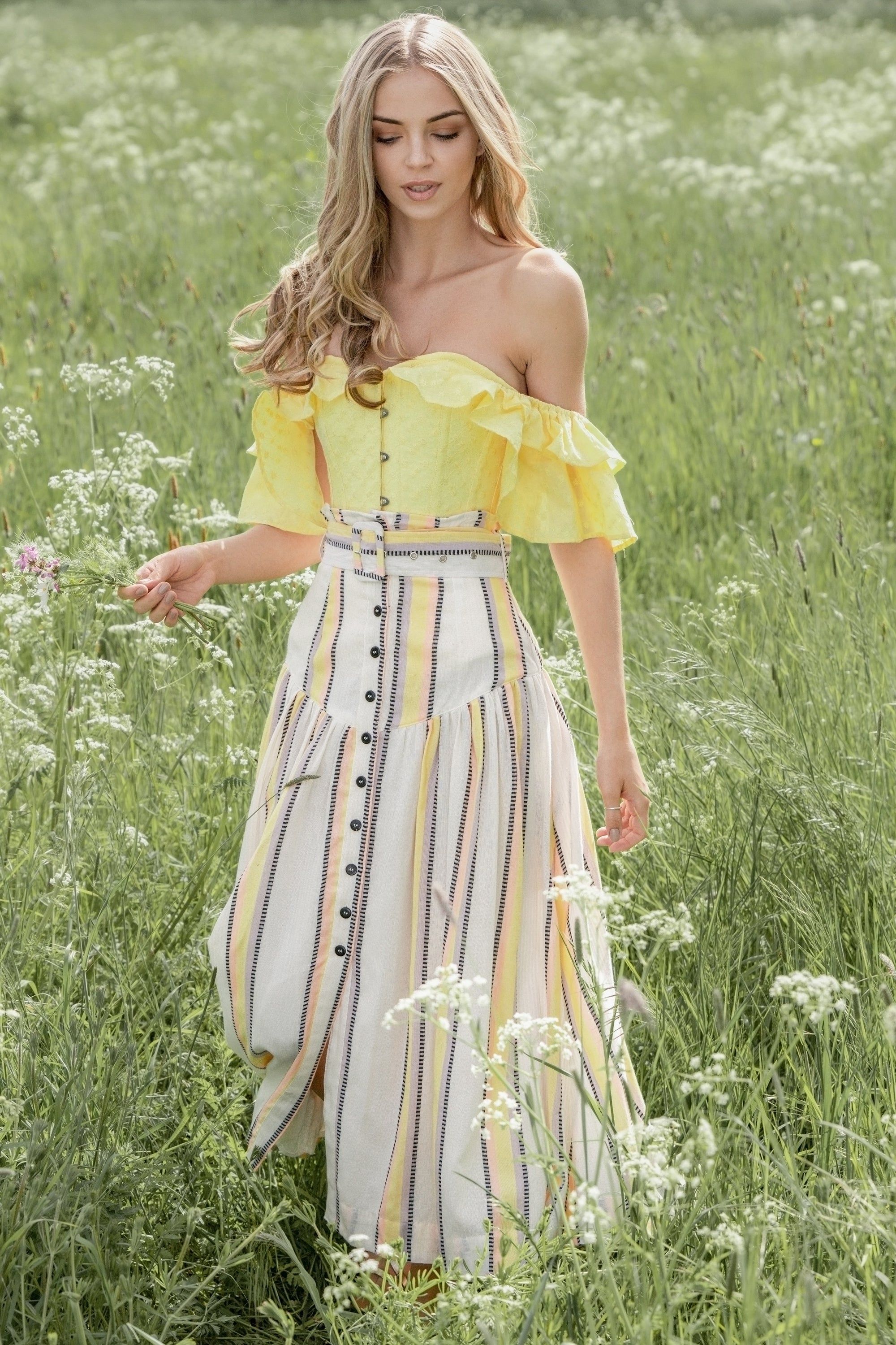 Yellow embroidery anglaise cotton corset top with frilled sleeve sold by Corset Story product image thumbnail 3