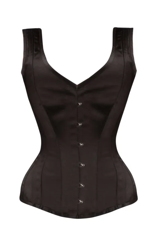 Classic Waist Taming Black Satin Overbust With Straps sold by Corset Story