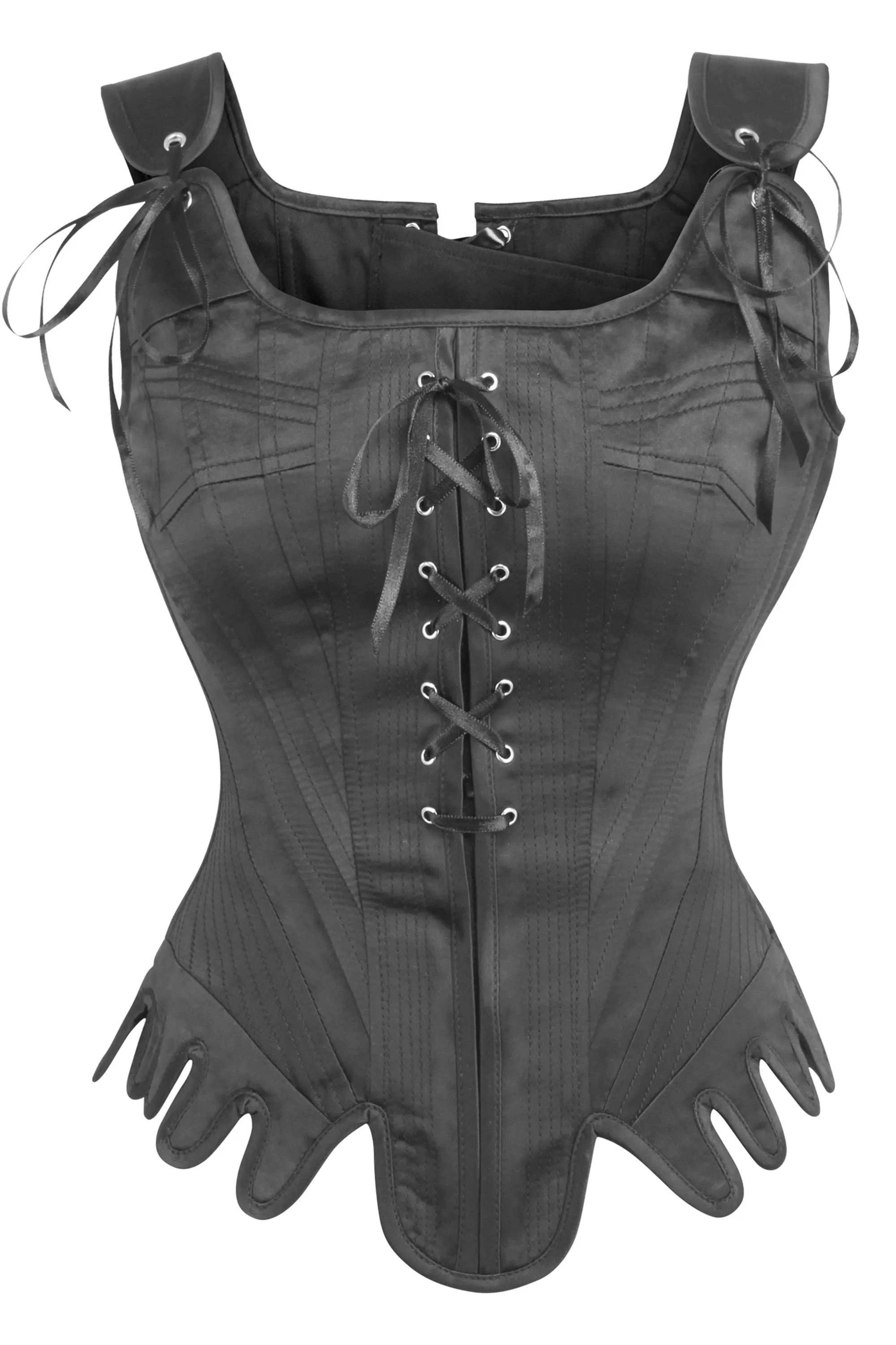 Historically Inspired Black Satin Overbust Corset sold by Corset Story