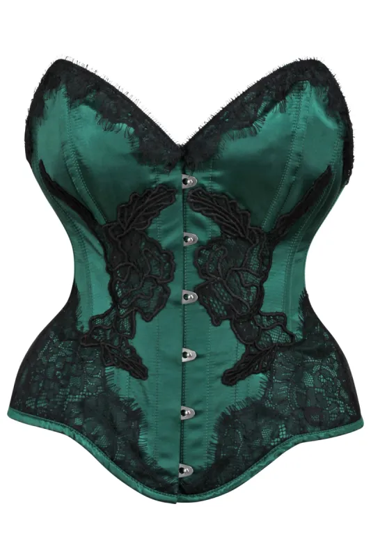 Green Satin Overbust Corset with Black Detailing sold by Corset Story