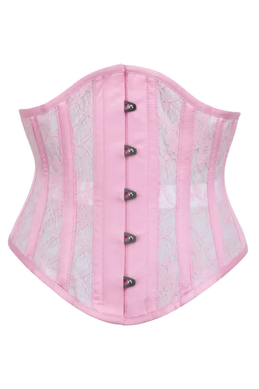 Pink Satin Underbust Corset with Mesh Panels and Lace Overlay sold by Corset Story