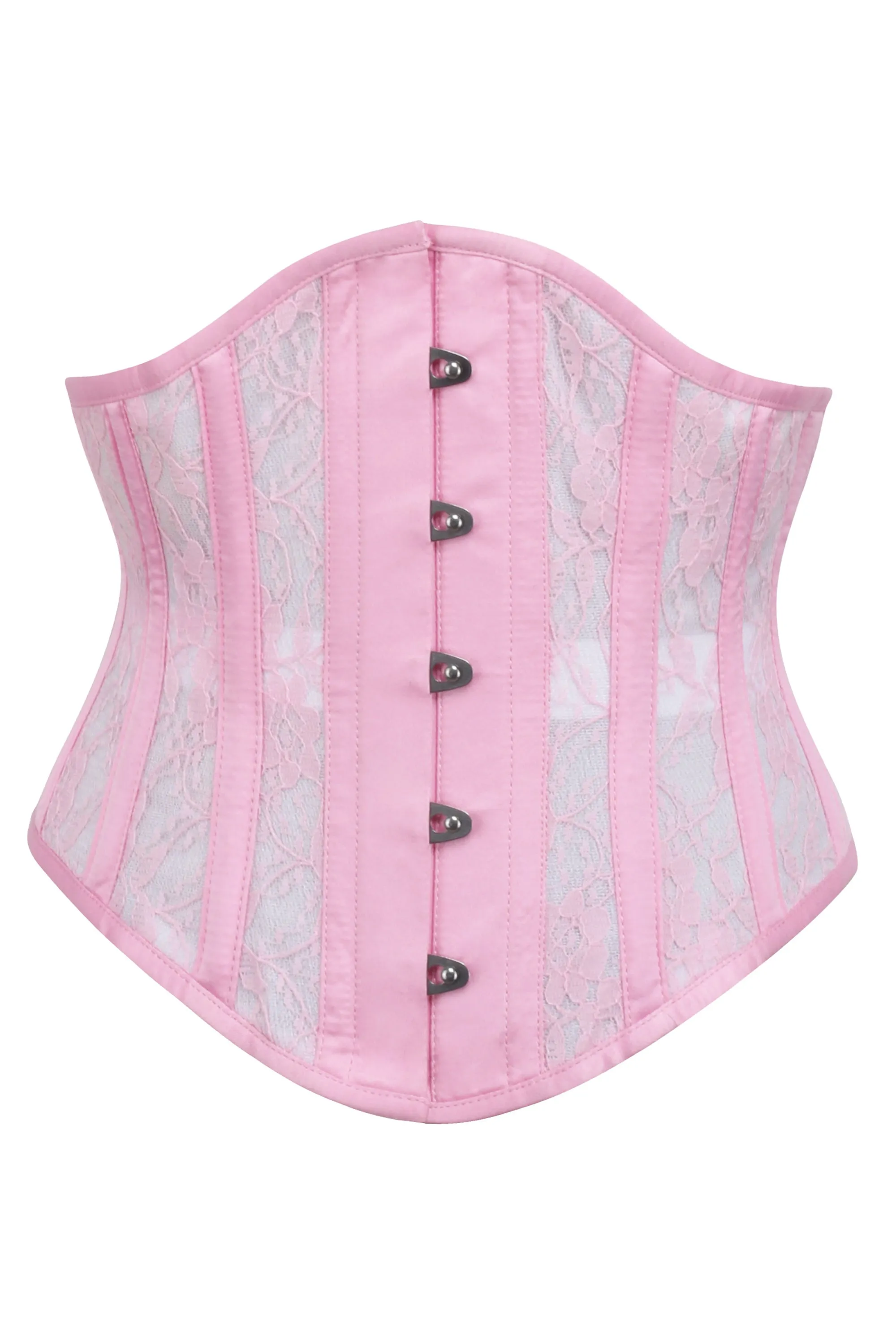 Pink Satin Underbust Corset with Mesh Panels and Lace Overlay sold by Corset Story