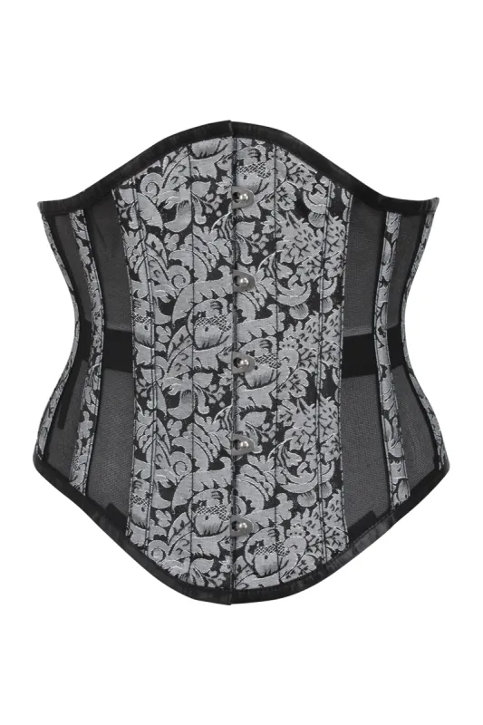 Silver Brocade Underbust Corset with Mesh Panels sold by Corset Story