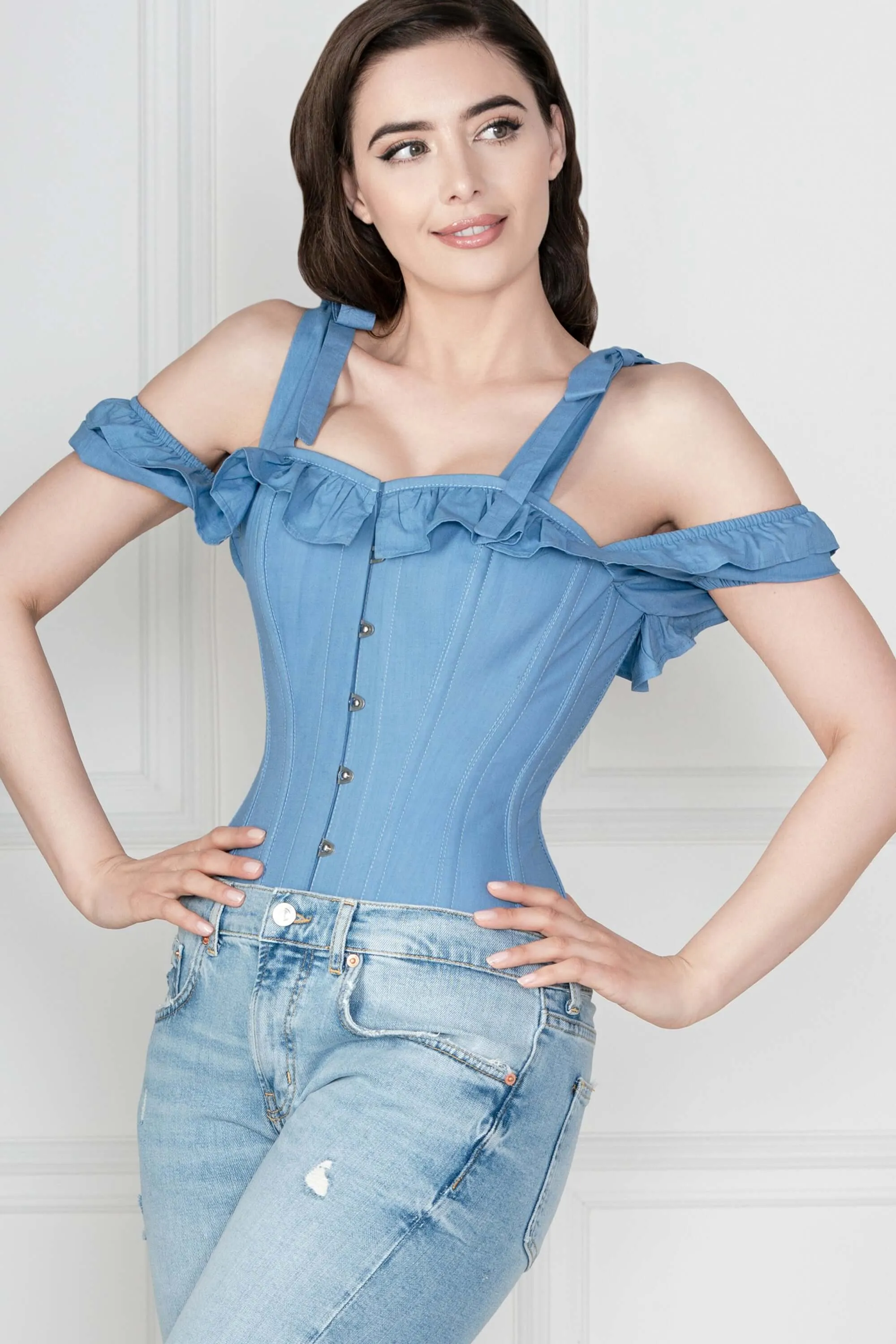 Cornflower Blue Cotton Overbust With Sleeves And Shoulder Straps sold by Corset Story product image thumbnail 4
