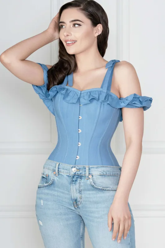 Cornflower Blue Cotton Overbust With Sleeves And Shoulder Straps sold by Corset Story