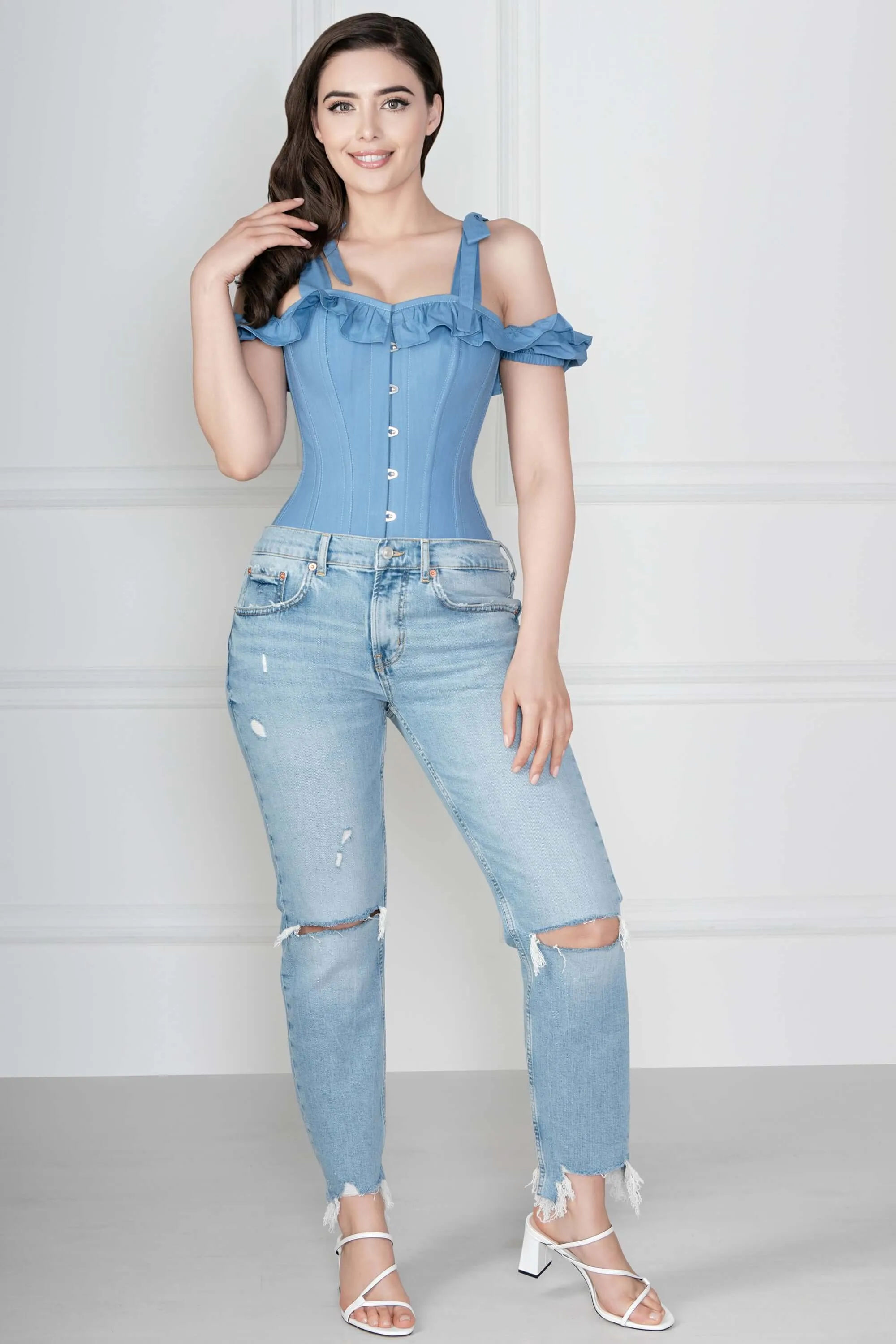 Cornflower Blue Cotton Overbust With Sleeves And Shoulder Straps sold by Corset Story product image thumbnail 2
