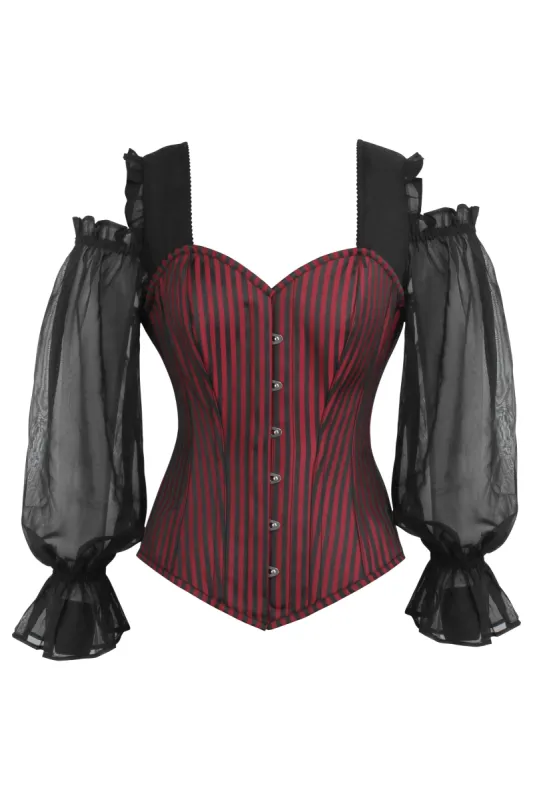 Long Sleeve Red and Black Striped Overbust Corset with Chiffon Sleeves sold by Corset Story