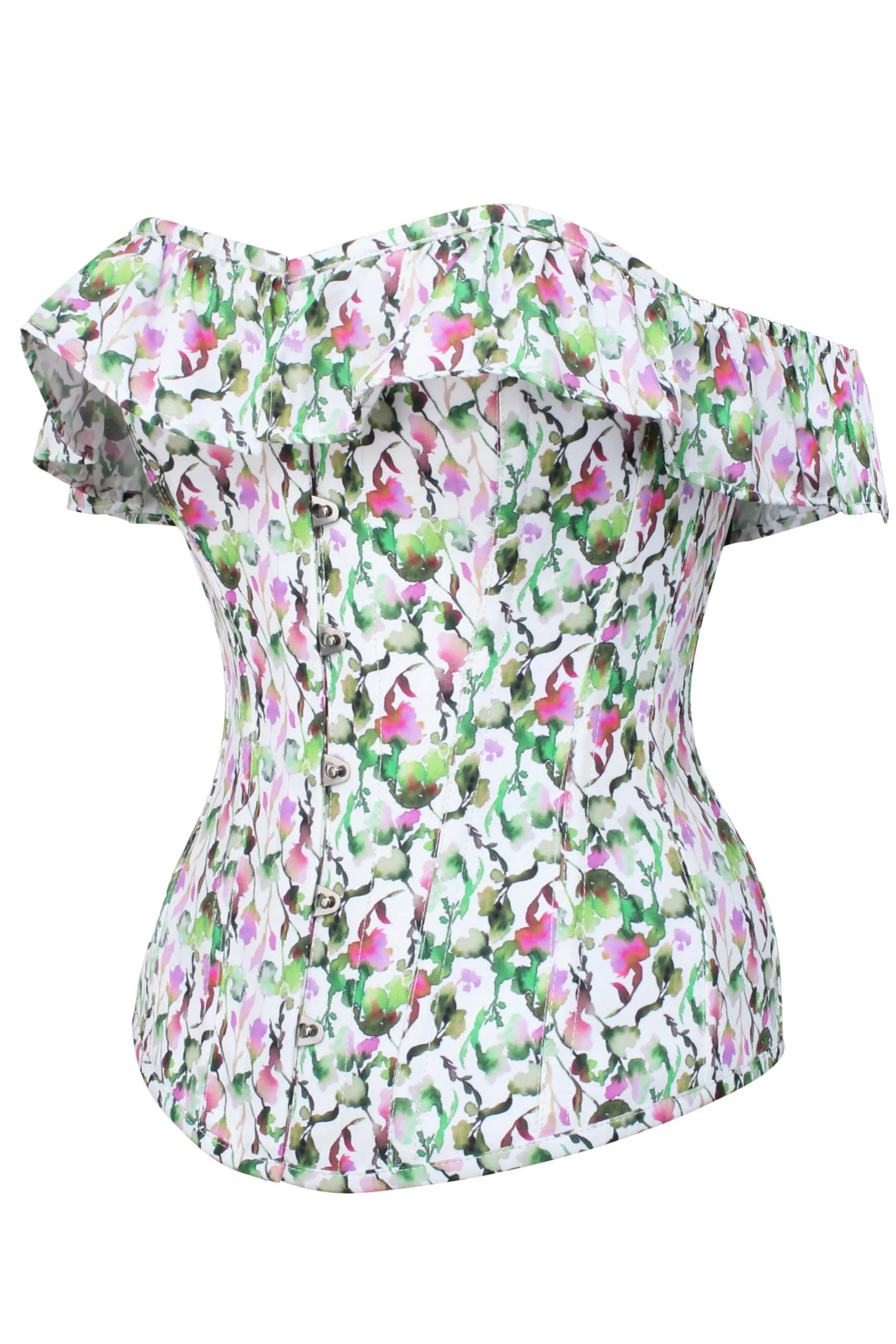 Watercolour Floral Print Corset Top With Bardot Sleeve sold by Corset Story