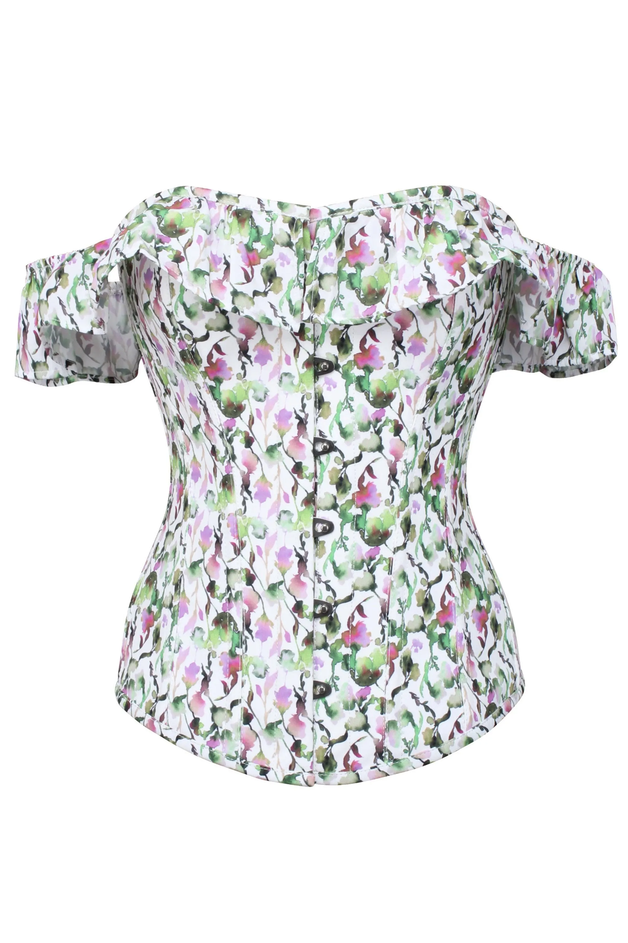 Watercolour Floral Print Corset Top With Bardot Sleeve sold by Corset Story product image thumbnail 3