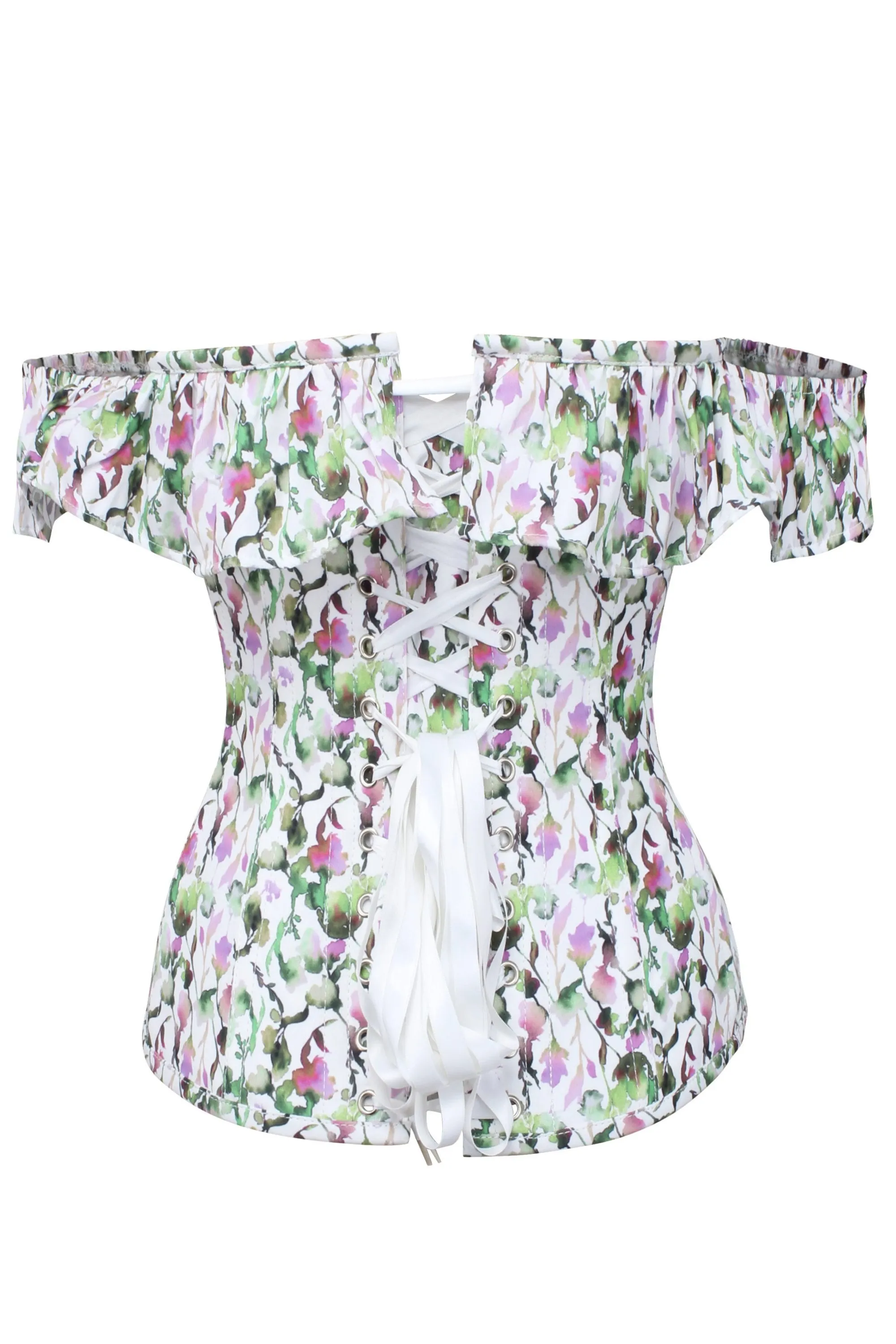 Watercolour Floral Print Corset Top With Bardot Sleeve sold by Corset Story product image thumbnail 2