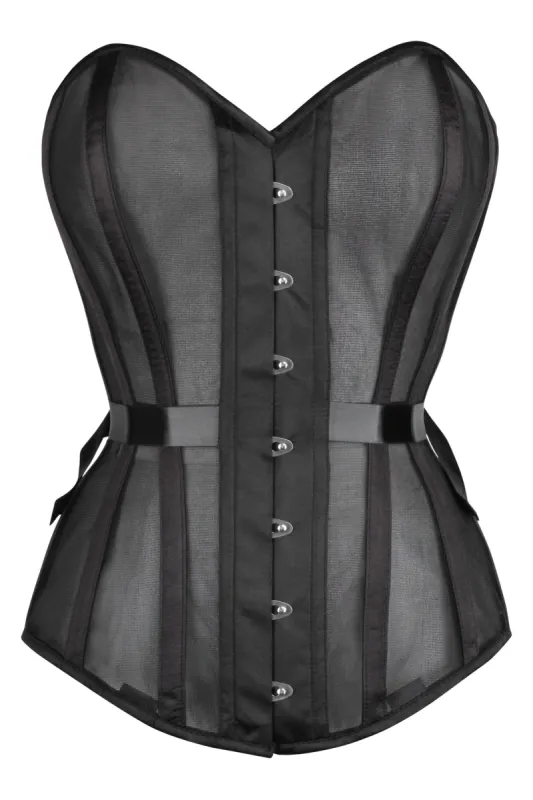 Black Longline Overbust Mesh Corset with Fan Ribbon Lacing sold by Corset Story