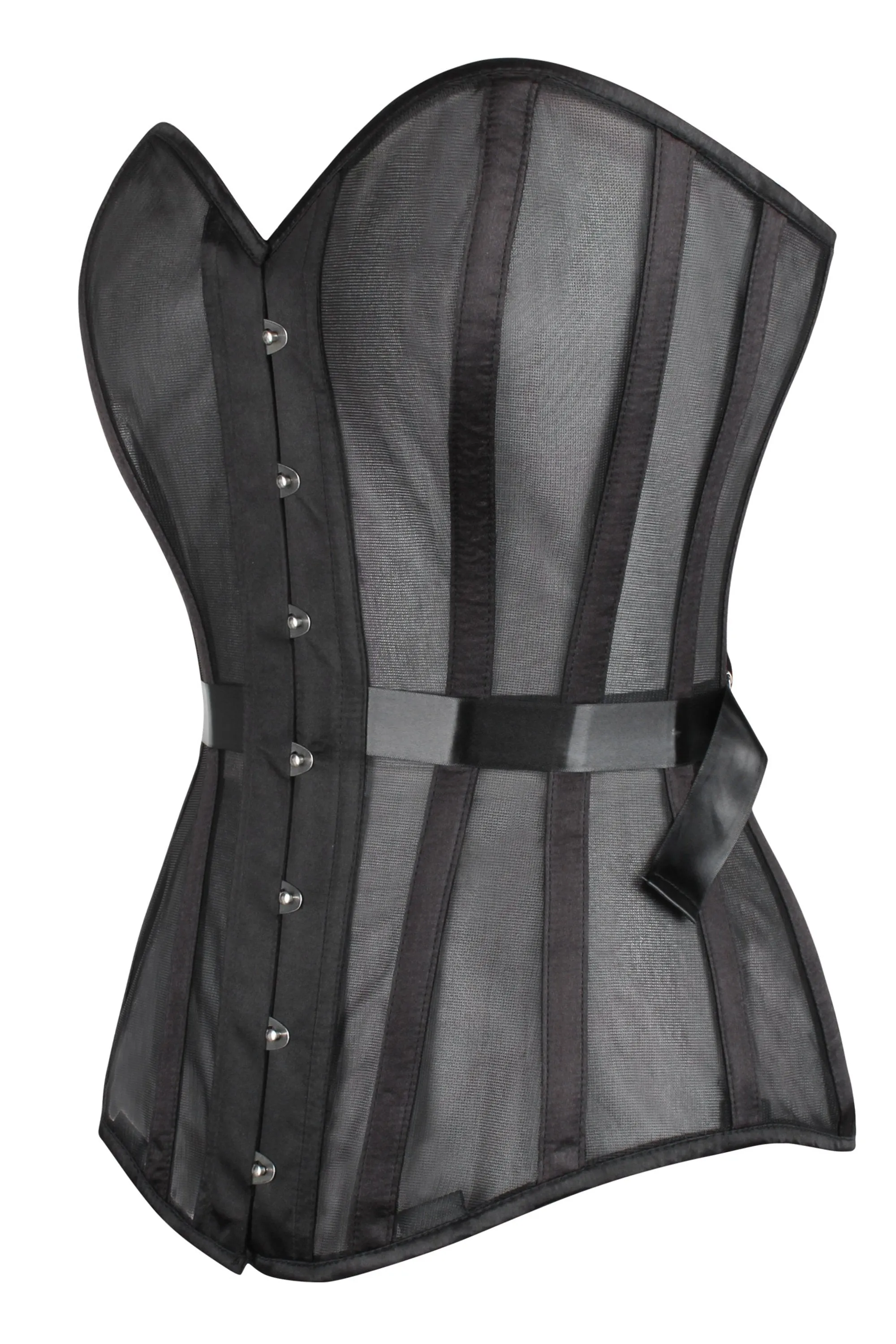 Black Longline Overbust Mesh Corset with Fan Ribbon Lacing sold by Corset Story product image thumbnail 3