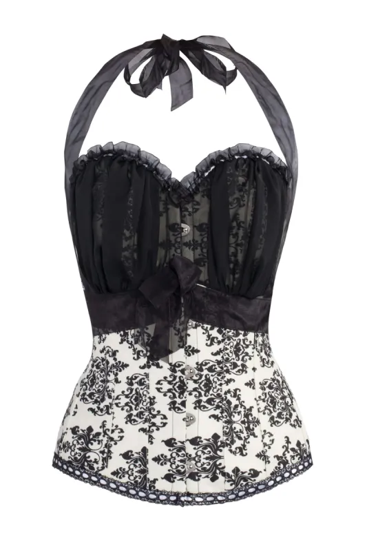 Black And Cream Damask Print Halterneck Corset sold by Corset Story