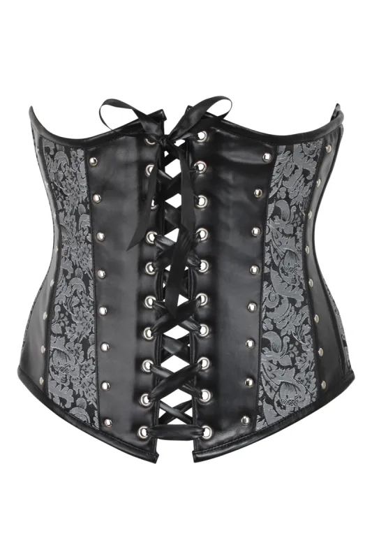 Silver Brocade & PVC Underbust Corset with Front & Rear Closure sold by Corset Story