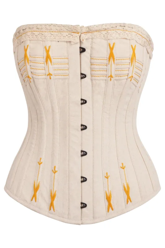 Beige Overbust Corset with Gold Flossing sold by Corset Story