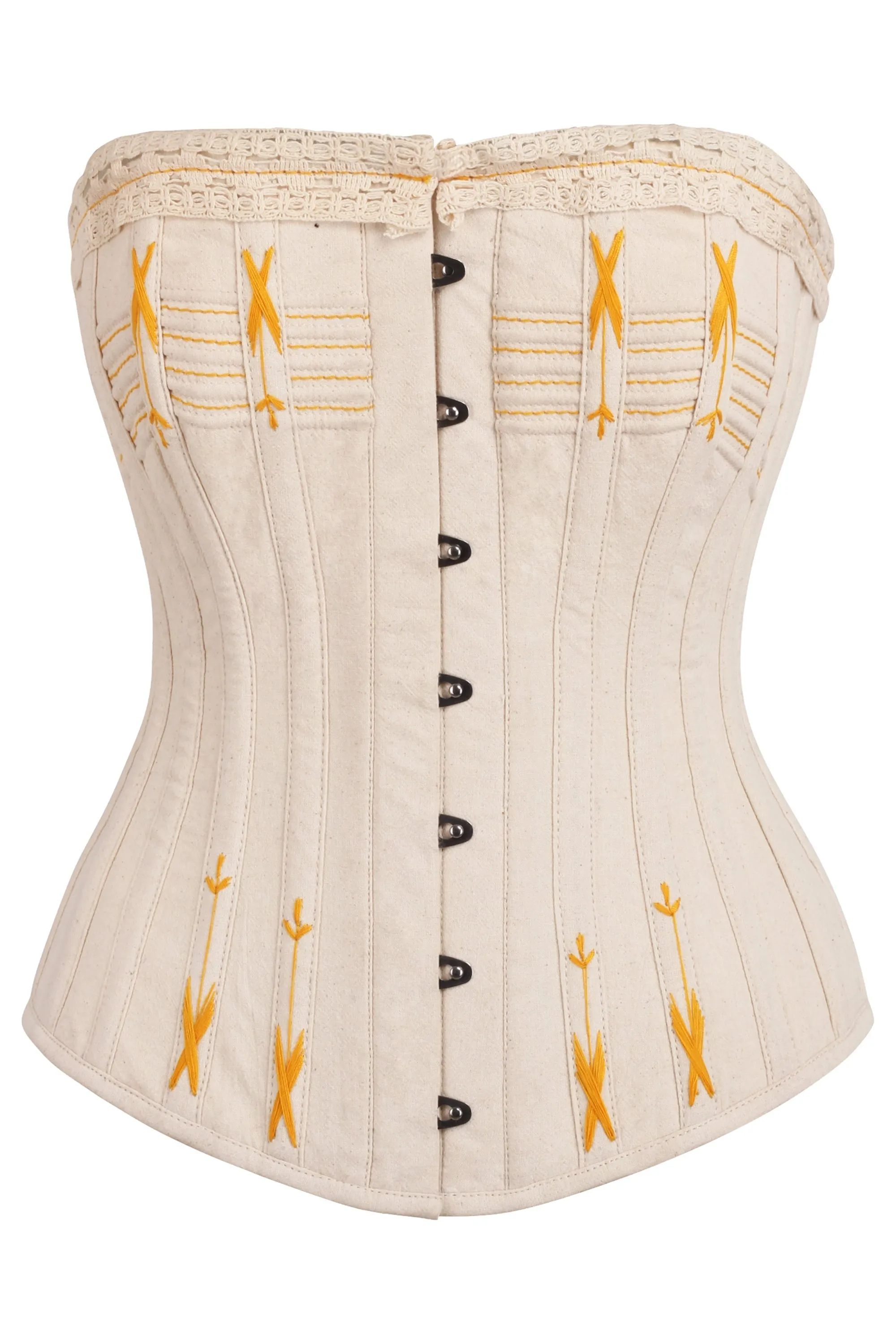 Beige Overbust Corset with Gold Flossing sold by Corset Story