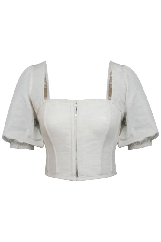 Fern Oatmeal Linen Cropped Corset With Puff Sleeves sold by Corset Story