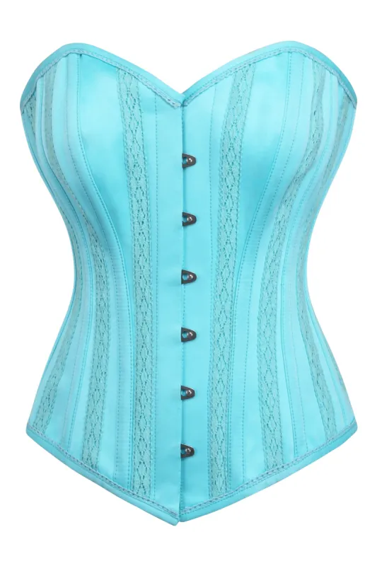 Cyan Blue Satin Overbust with Lace trim detailing sold by Corset Story
