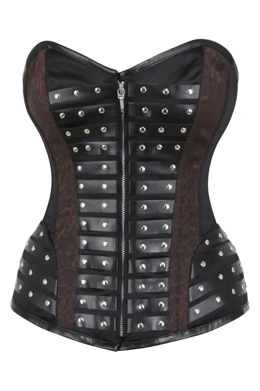 Black Studded Overbust with Brown Brocade Panels sold by Corset Story