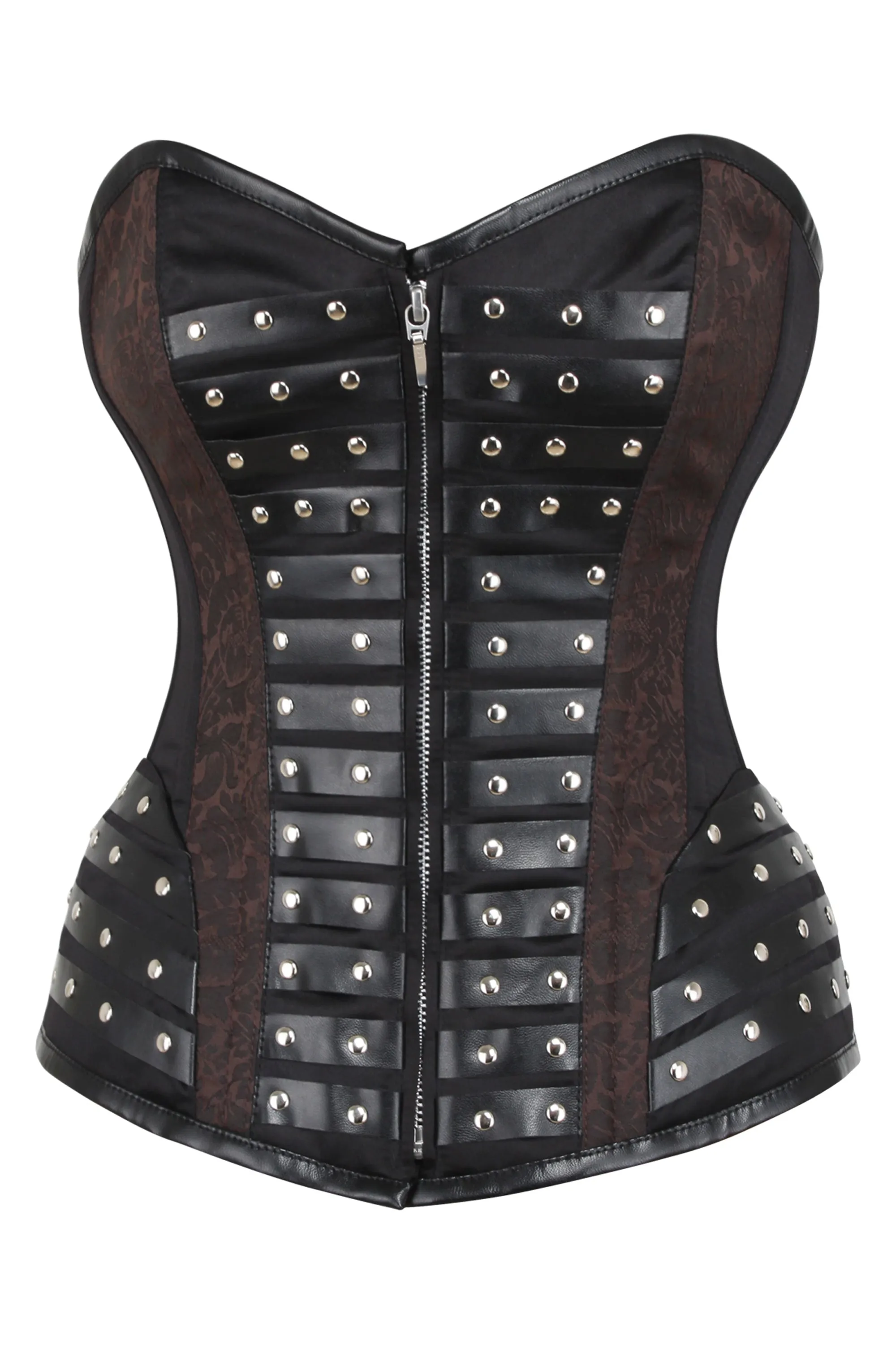 Black Studded Overbust with Brown Brocade Panels sold by Corset Story