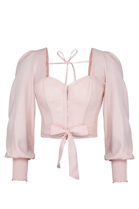Blossom Prairie Pink Viscose Cropped Corset Top with Elasticated Back sold by Corset Story