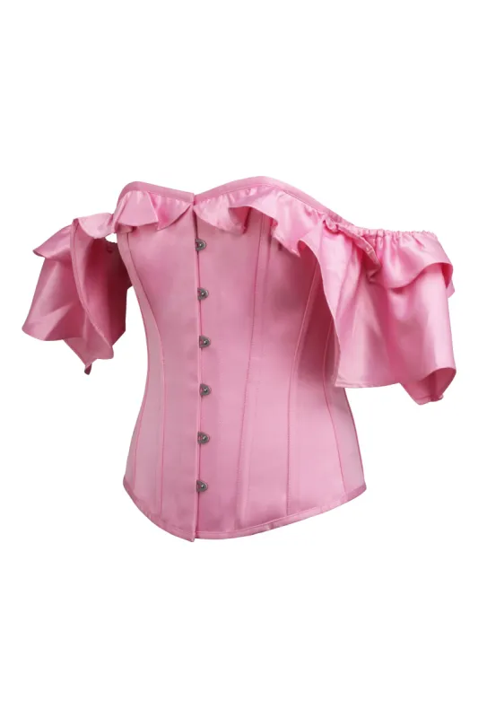 Pink Satin Corset Top with off the Shoulder Frilled Sleeves sold by Corset Story
