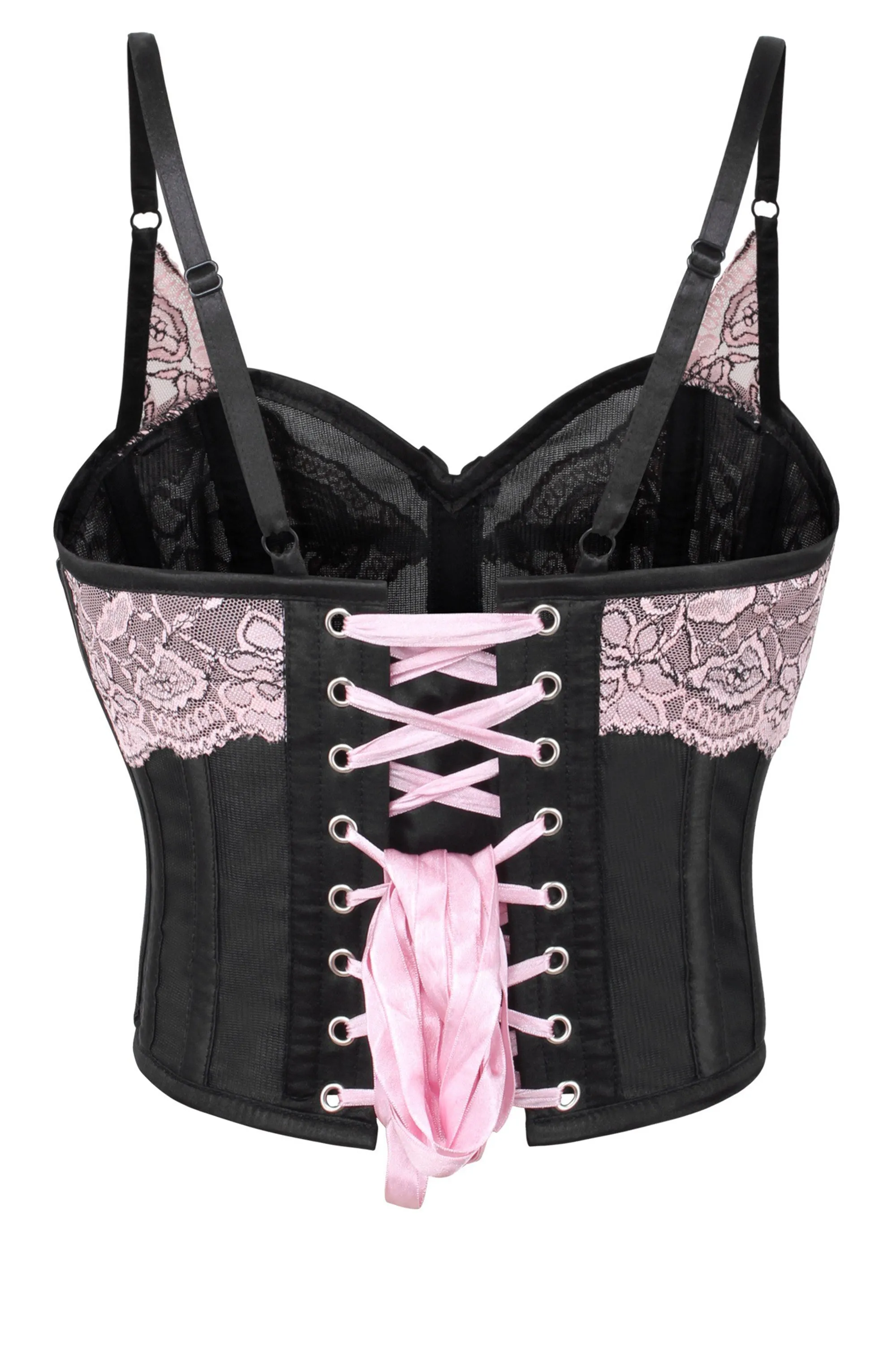 Cropped Pearl Pink Lace and Black Mesh Overbust Corset sold by Corset Story product image thumbnail 2