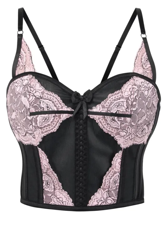 Cropped Pearl Pink Lace and Black Mesh Overbust Corset sold by Corset Story