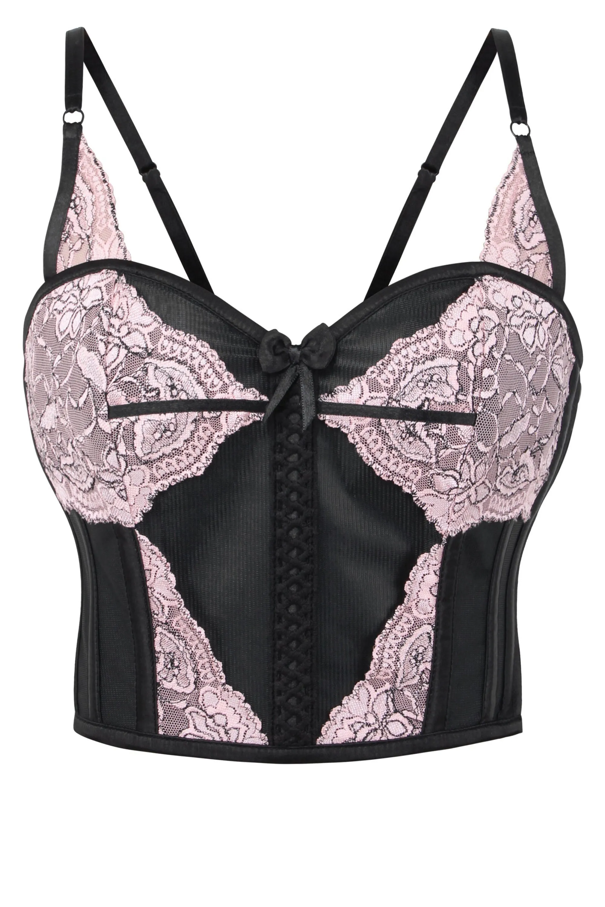 Cropped Pearl Pink Lace and Black Mesh Overbust Corset sold by Corset Story