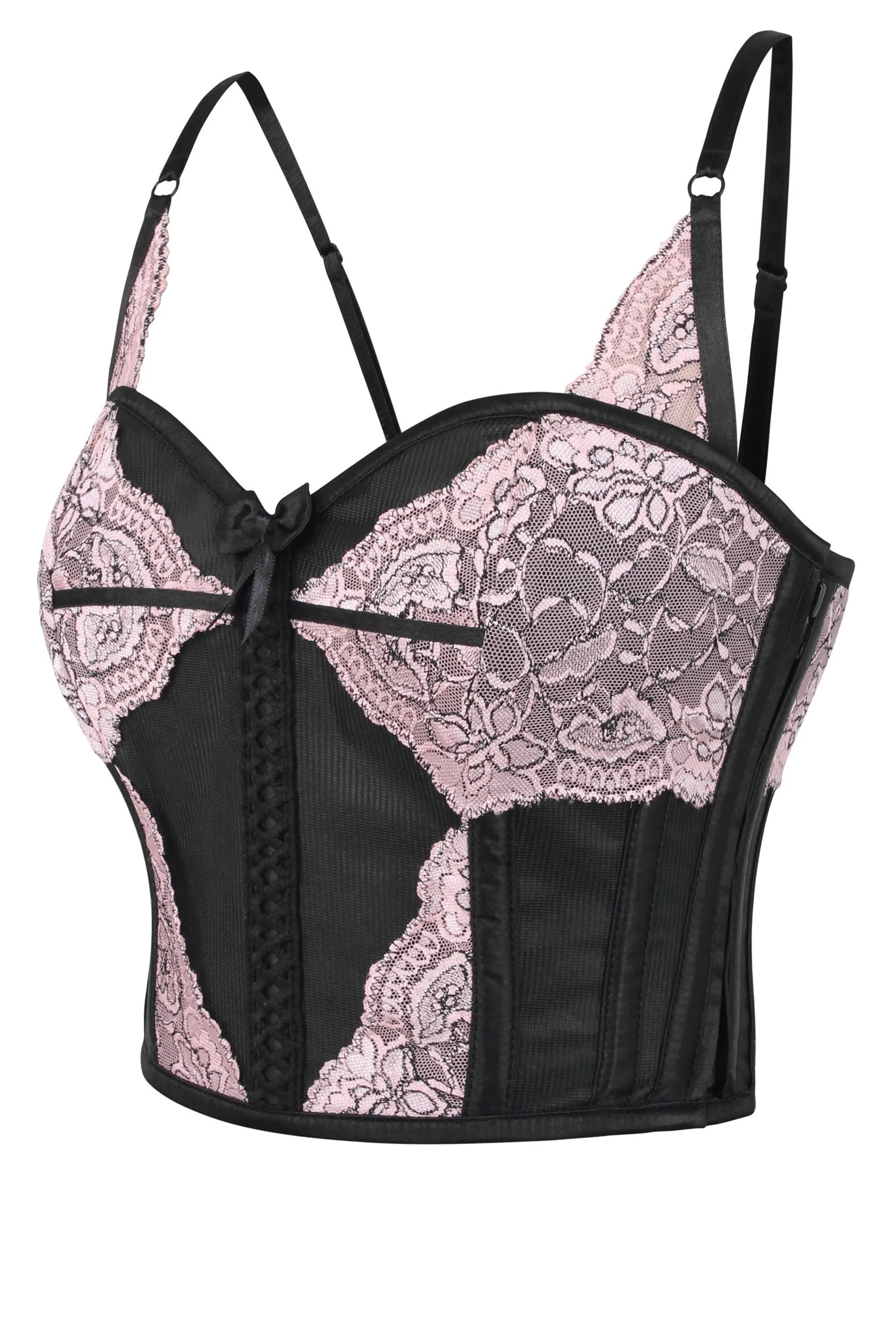 Cropped Pearl Pink Lace and Black Mesh Overbust Corset sold by Corset Story product image thumbnail 3
