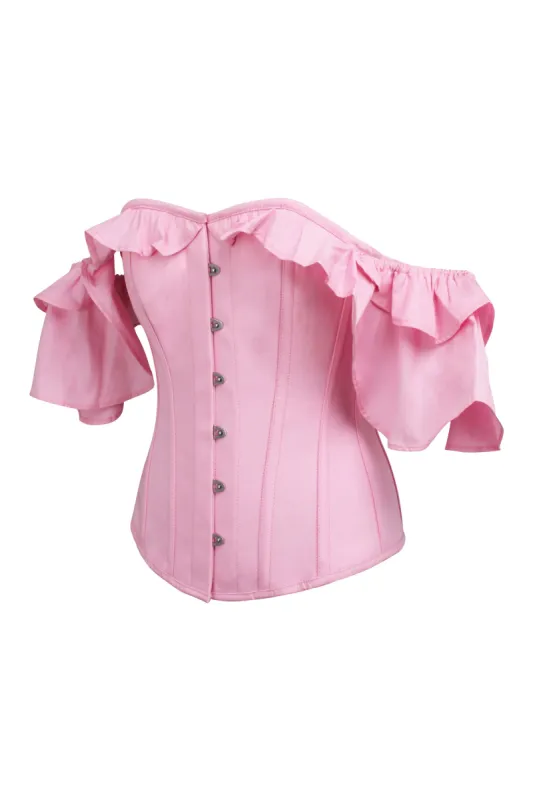 Pink Cotton Corset Top with off the Shoulder Frilled Sleeves sold by Corset Story