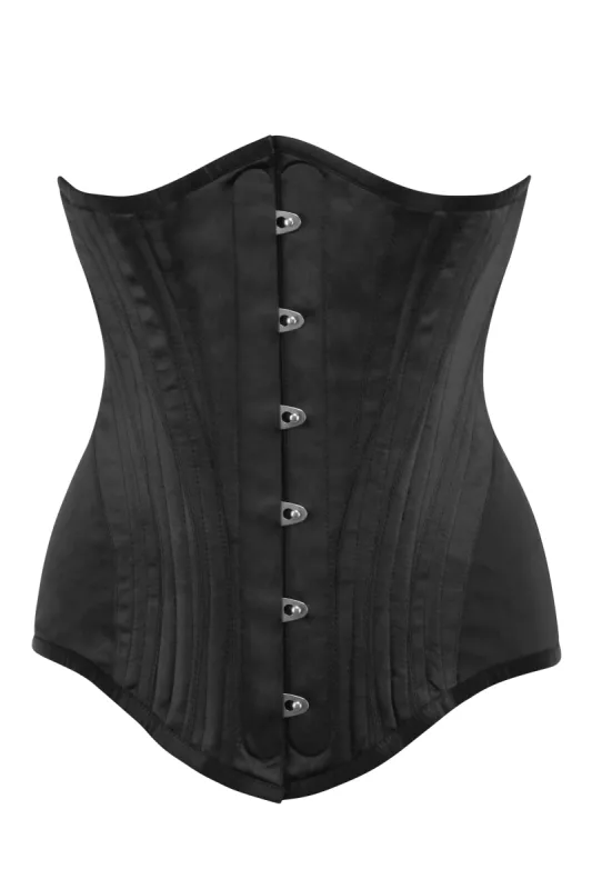 Black Satin Longline Underbust Corset with Hip Panels sold by Corset Story