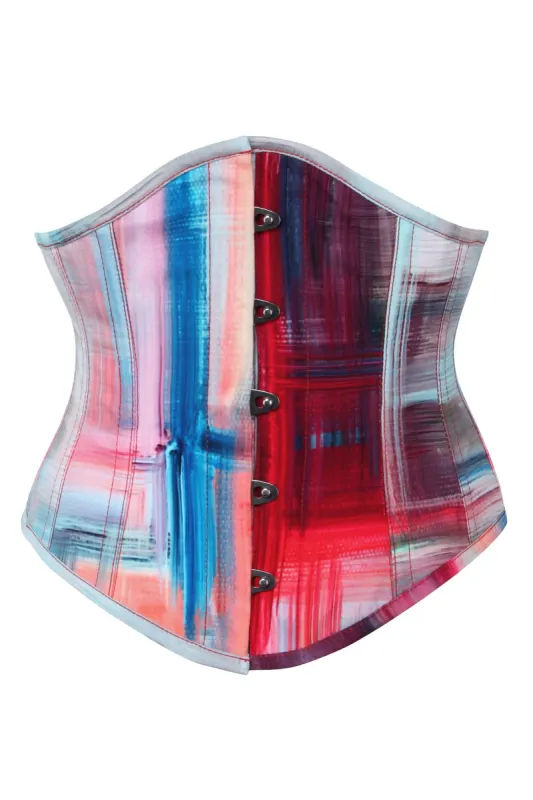 Abstract Red and Blue Brushstroke Waspie Corset sold by Corset Story