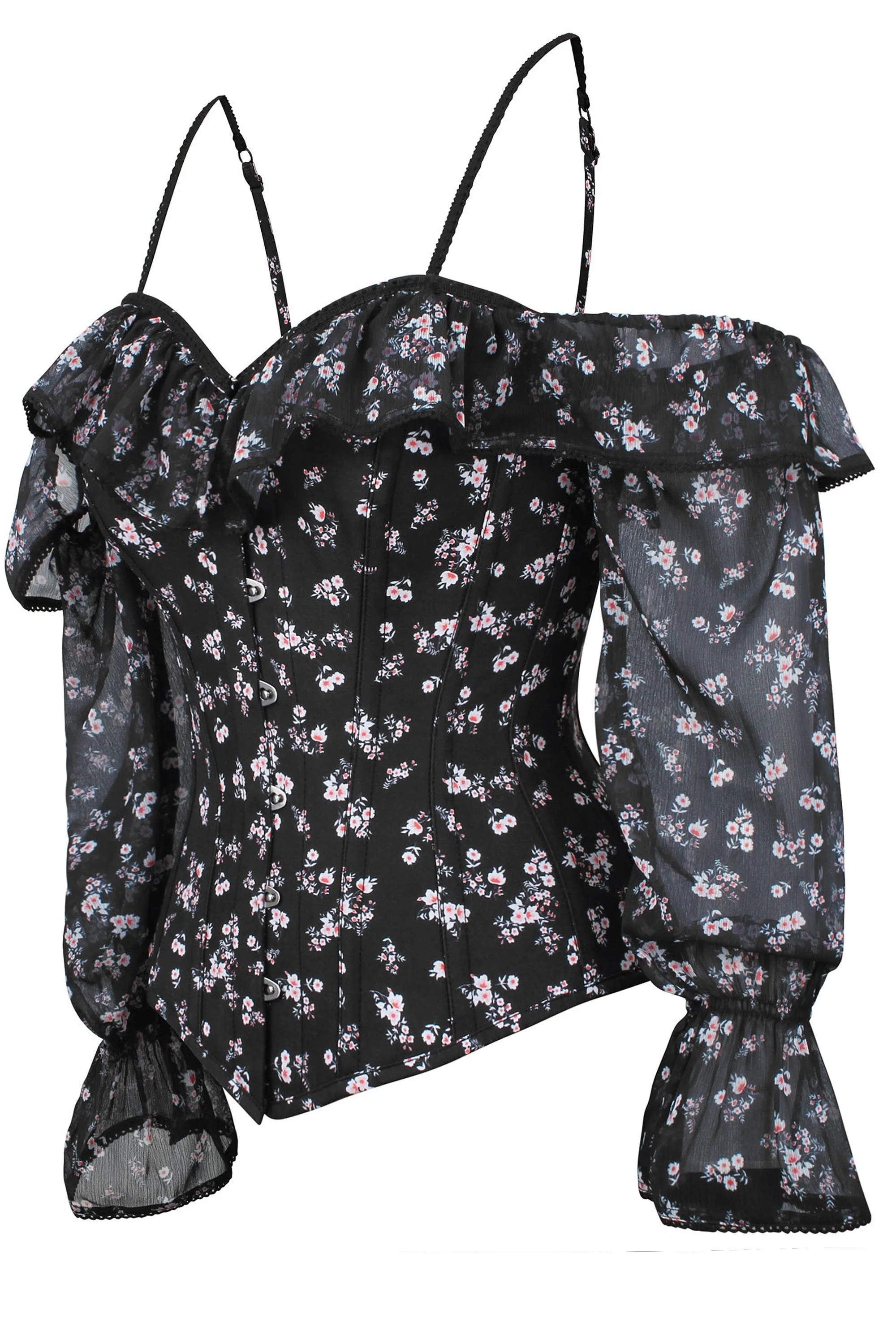 Long Sleeve Dark Ditsy Floral Corset Top with Cold Shoulder sold by Corset Story