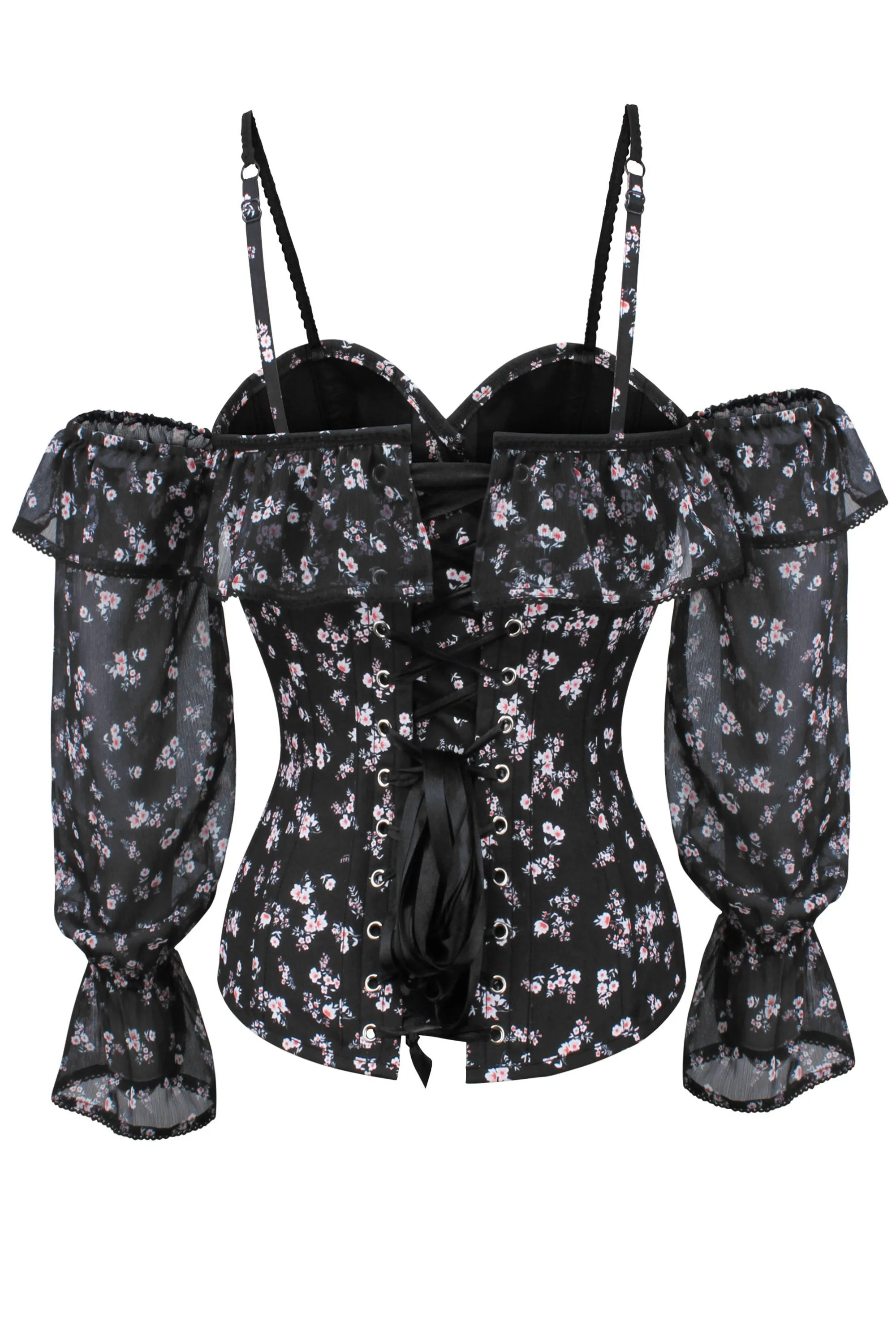 Long Sleeve Dark Ditsy Floral Corset Top with Cold Shoulder sold by Corset Story product image thumbnail 3