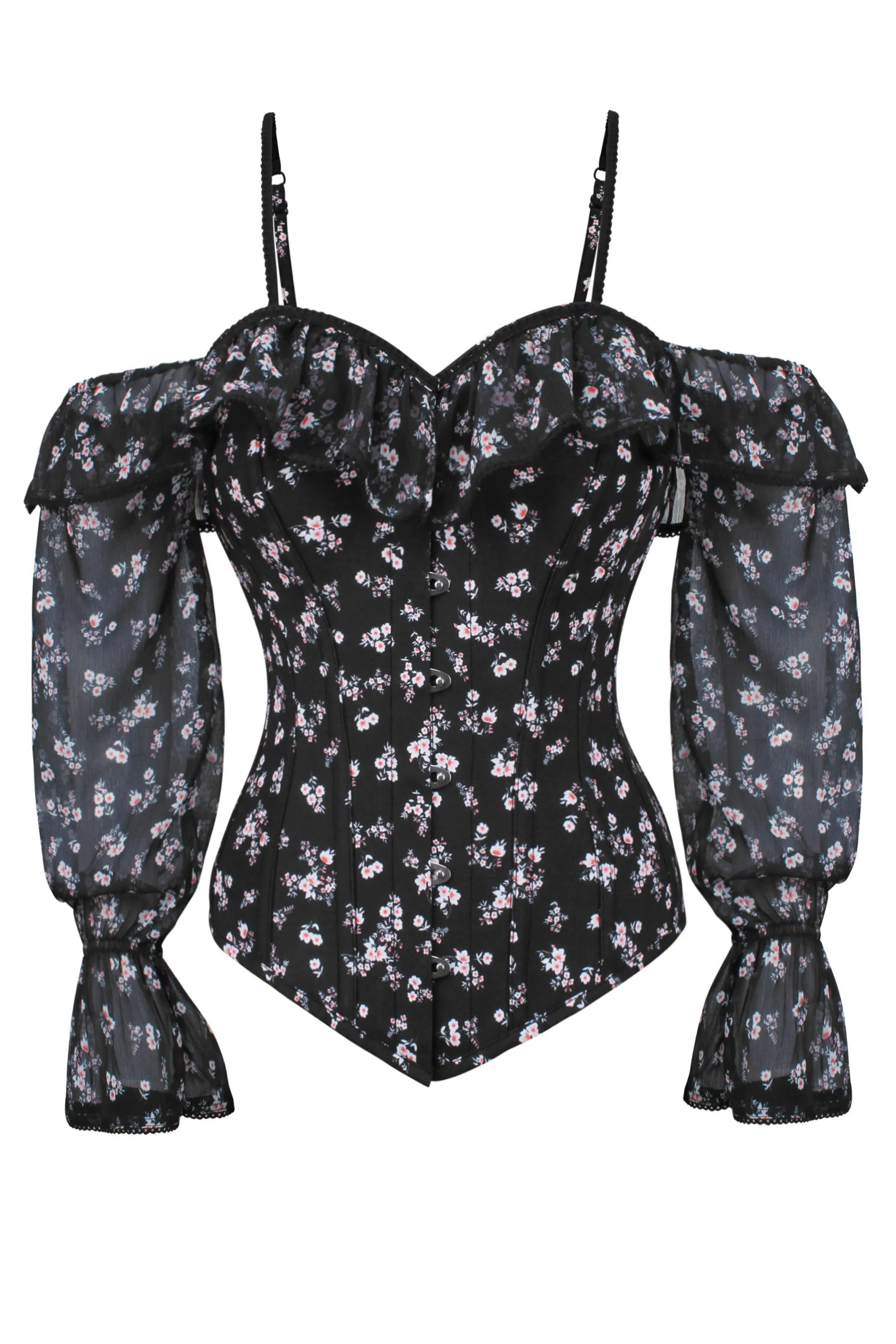 Long Sleeve Dark Ditsy Floral Corset Top with Cold Shoulder sold by Corset Story product image thumbnail 2