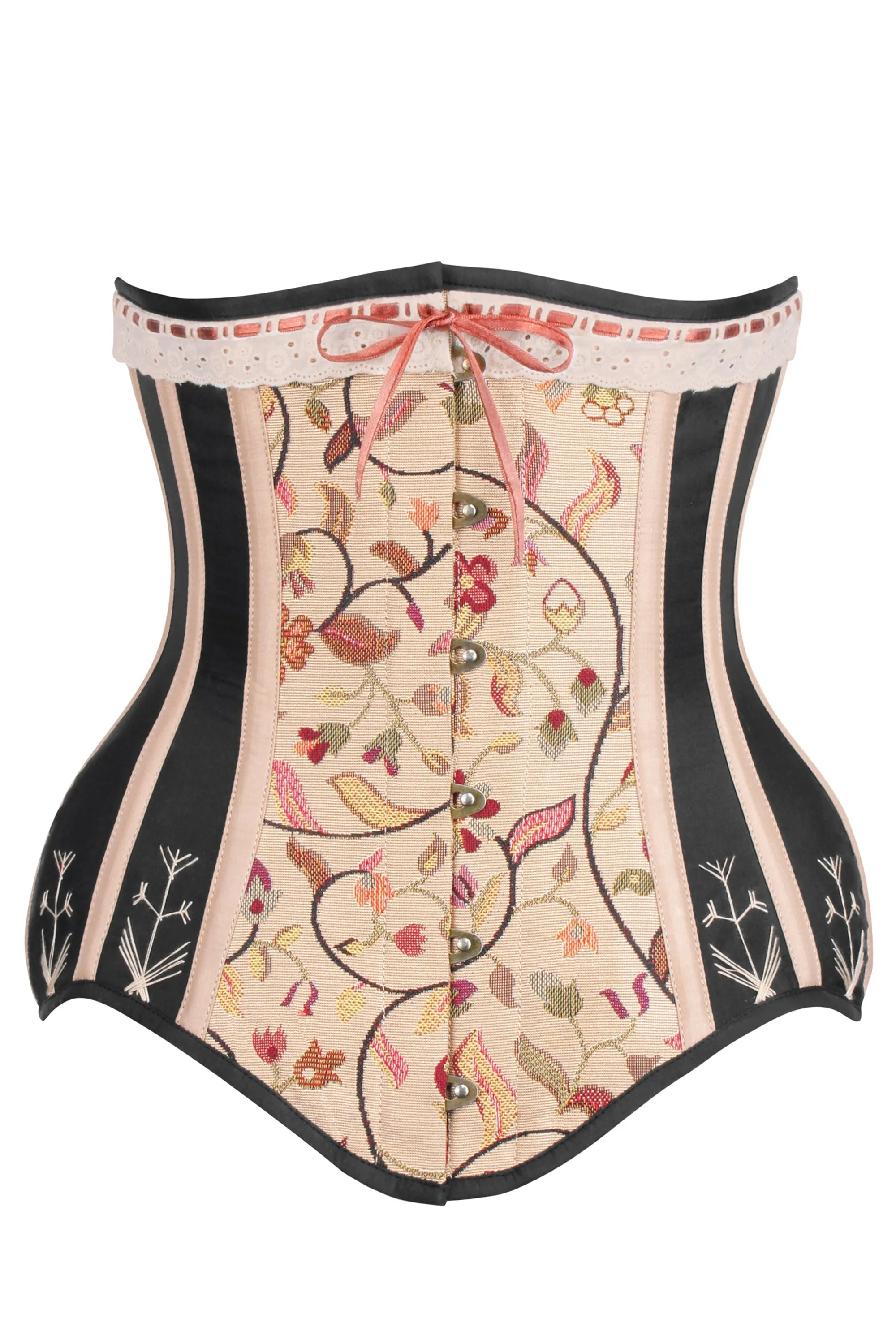 Historic brocade Underbust corset with Flossing sold by Corset Story