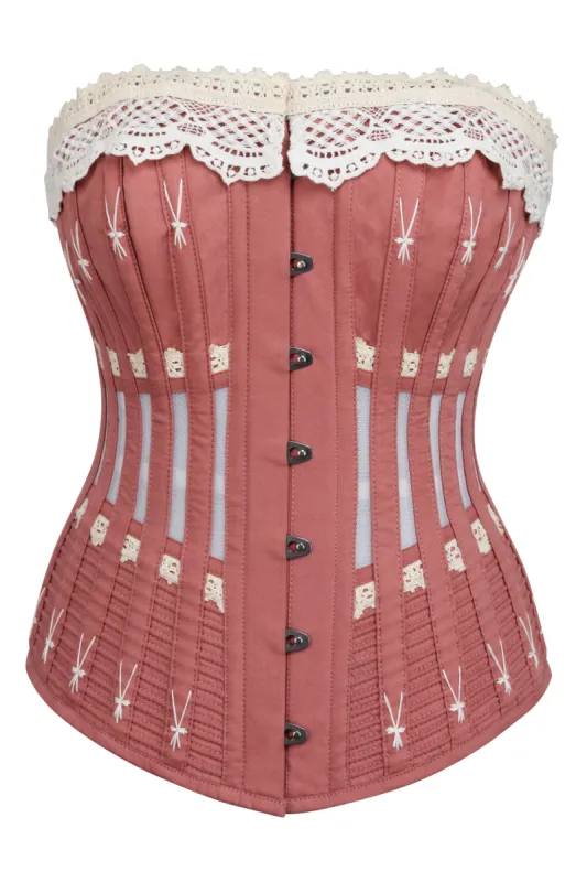 Historically Inspired Terracotta Longline Corset with Lace and Ribbing sold by Corset Story
