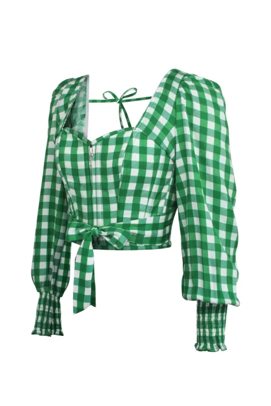 Blossom Gingham Green Viscose Cropped Corset Top With Elasticated back sold by Corset Story
