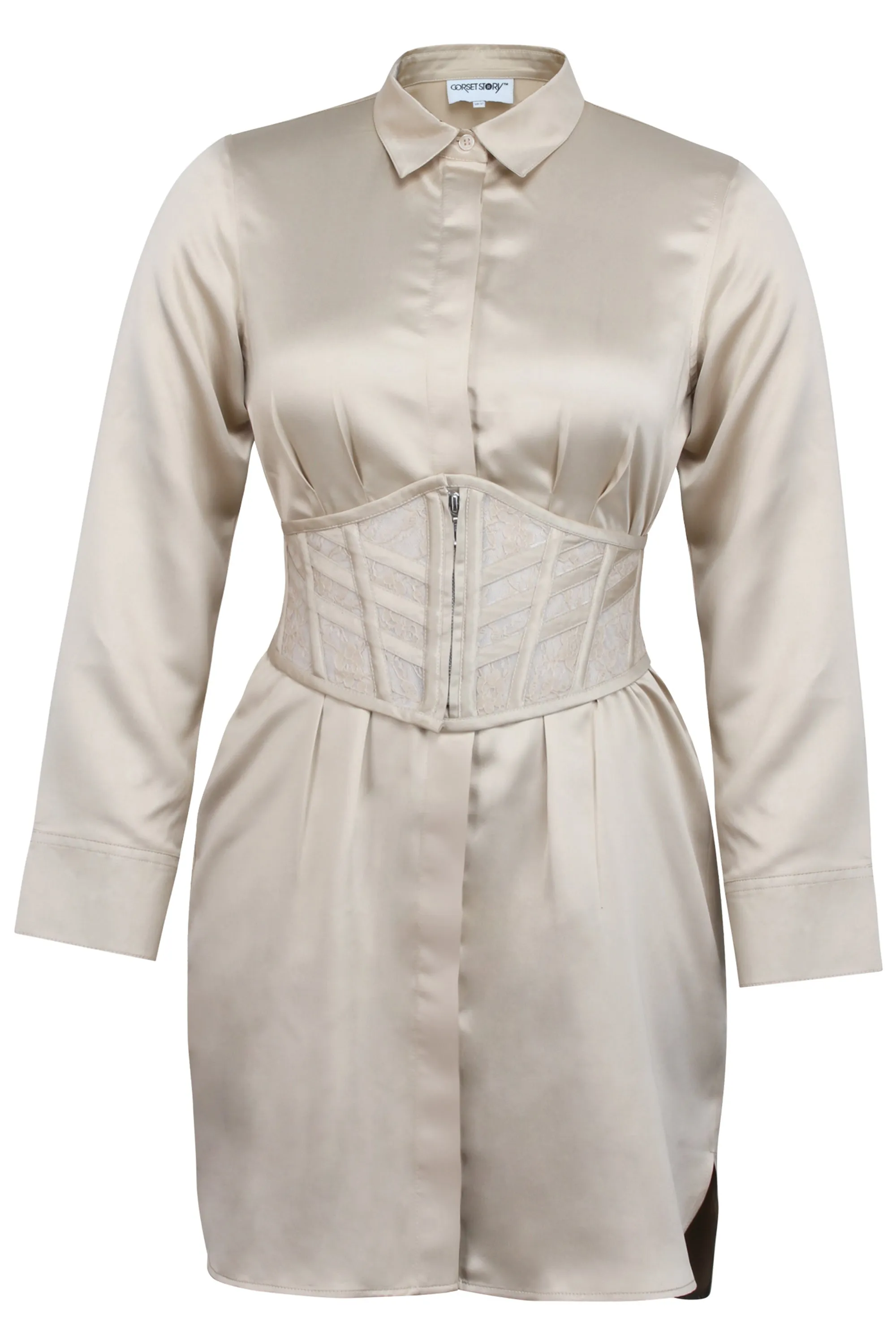 Matilda Champagne Satin Shirt Dress with Darted Waist sold by Corset Story product image thumbnail 4