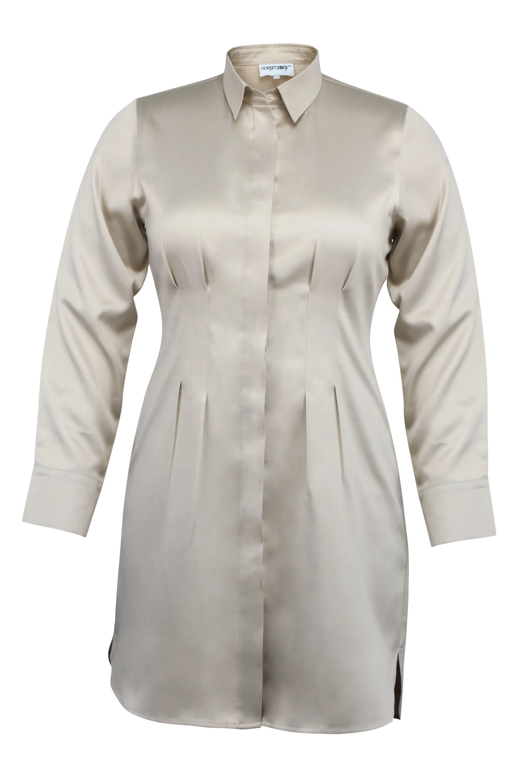 Matilda Champagne Satin Shirt Dress with Darted Waist sold by Corset Story