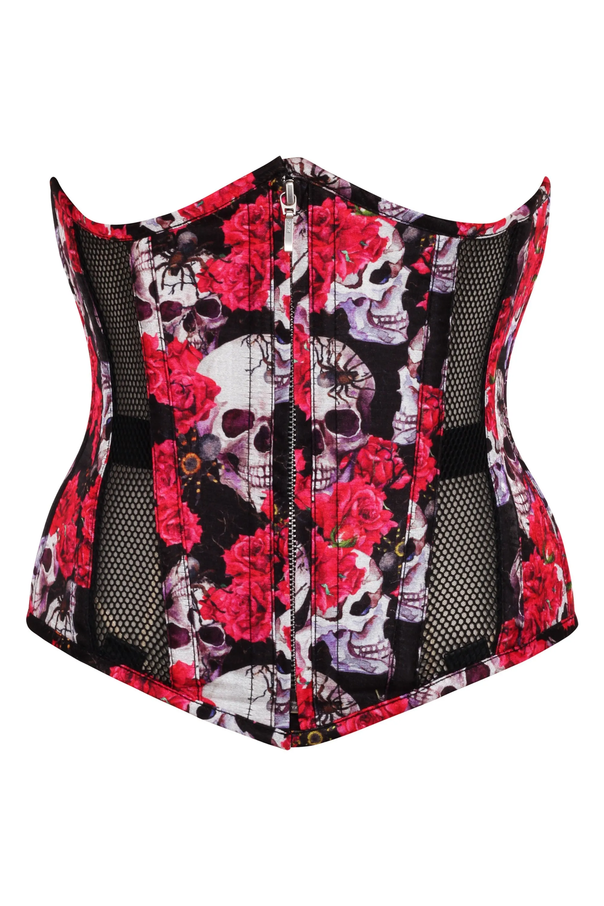 Gothic Mesh Panelled Corset with Skull and Flower Print sold by Corset Story