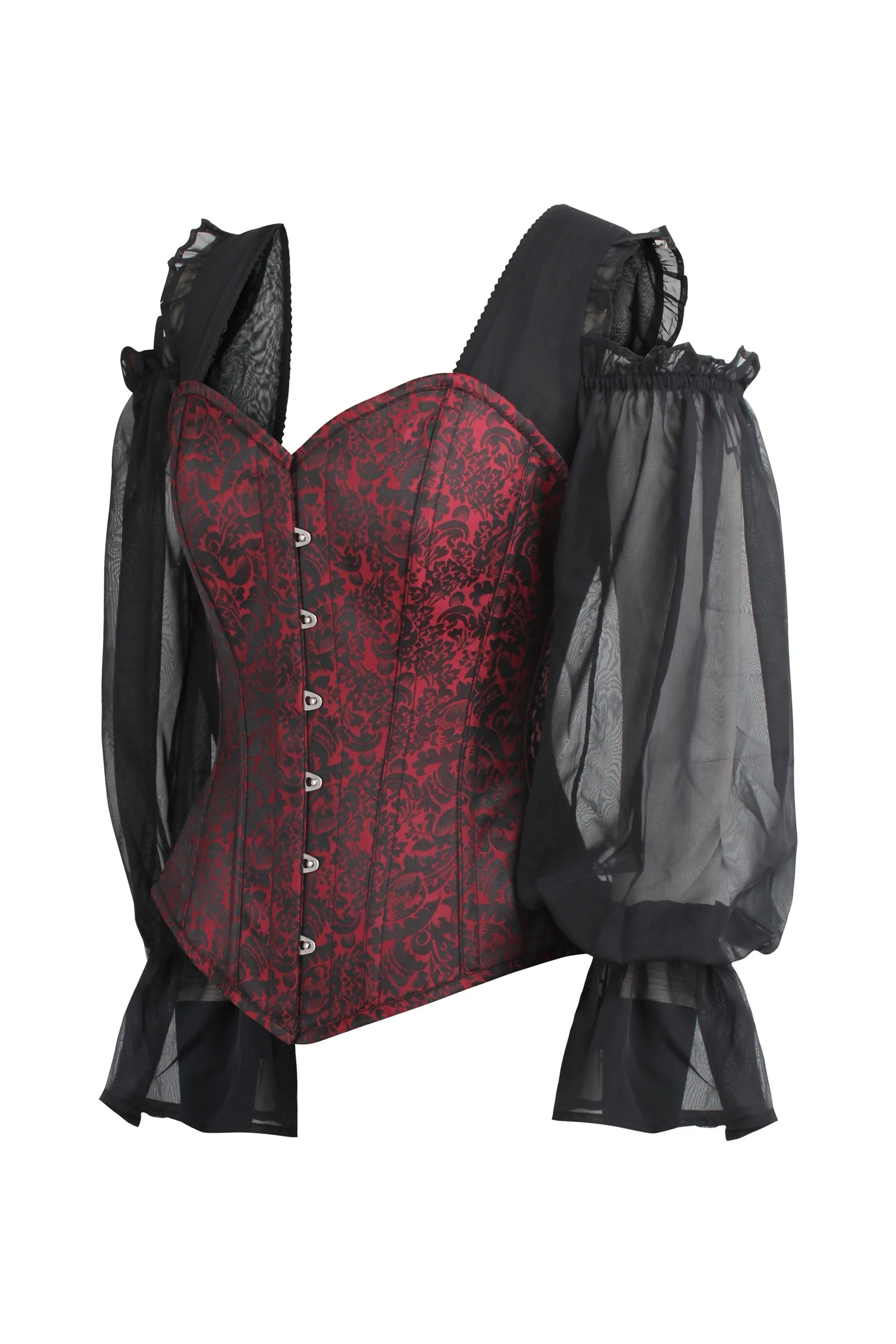 Red and Black Brocade Corset Top with Long Chiffon Sleeves sold by Corset Story product image thumbnail 3
