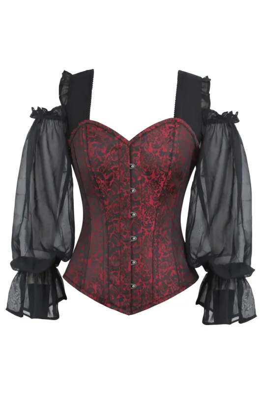 Red and Black Brocade Corset Top with Long Chiffon Sleeves sold by Corset Story