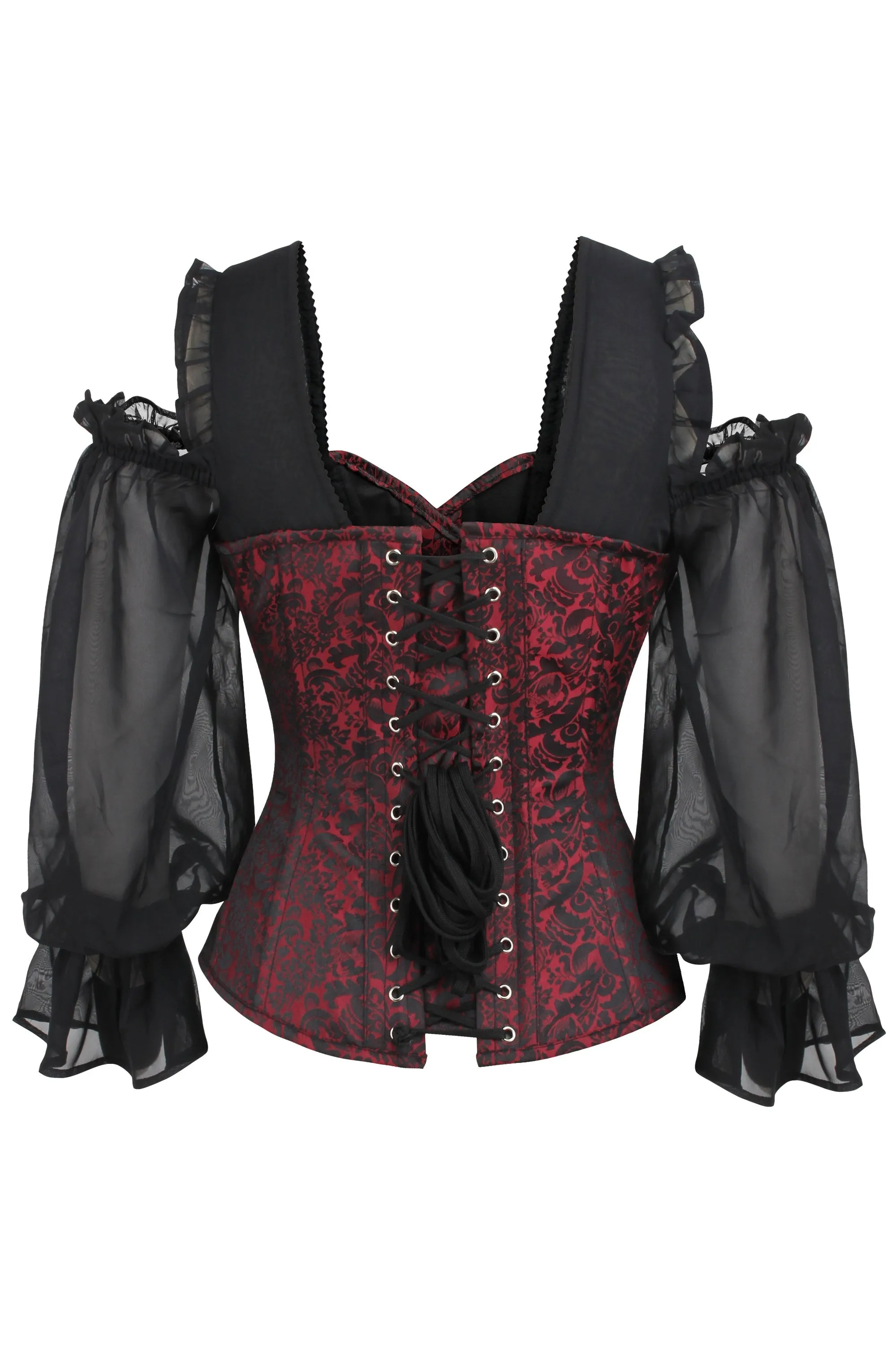 Red and Black Brocade Corset Top with Long Chiffon Sleeves sold by Corset Story product image thumbnail 2