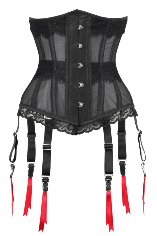 Black Mesh Waist Taming Underbust With Lace Trim and Suspender Clips sold by Corset Story