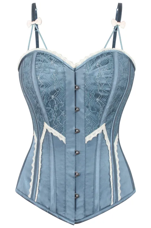 Antique Dusky Blue Satin Overbust Corset sold by Corset Story