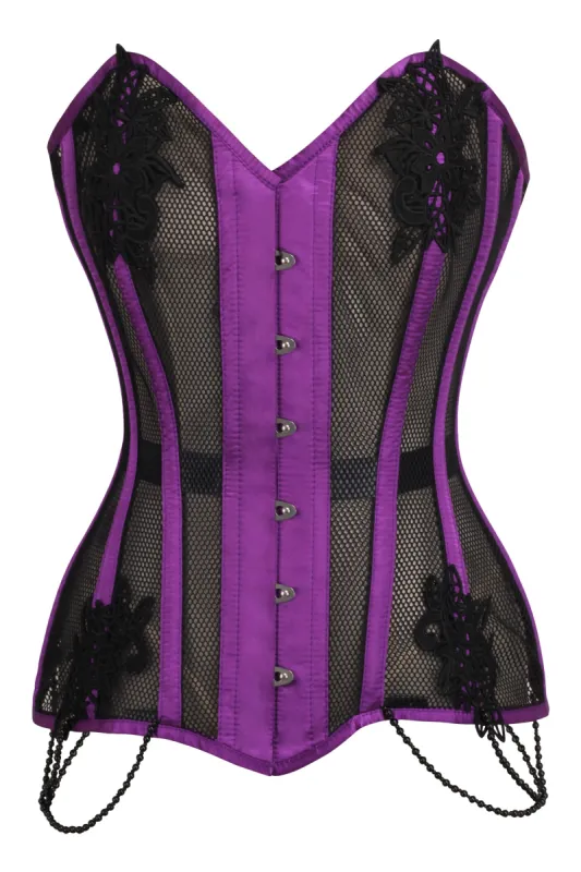 Purple Mesh and Lace Appliqué Waist Taming Overbust Corset sold by Corset Story